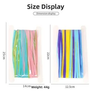 Close-up of colorful foil fringe curtains in pastel and bold shades with product dimensions