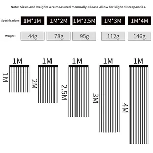 Size chart showing width and weight specifications for macaron tinsel curtains