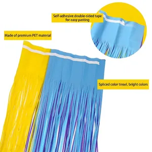 Blue yellow and purple foil fringe curtain with adhesive strip for party decoration