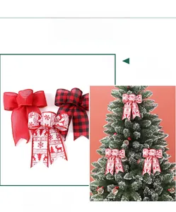 Close-up of assorted red, buffalo plaid, and reindeer linen Christmas tree bows