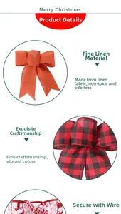 Detail of Christmas bows in red linen and buffalo plaid with secure wire ties
