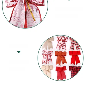 Detail of assorted Christmas burlap bows with snowflake patterns and gold twist ties