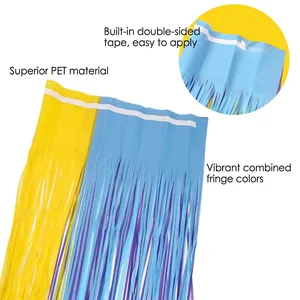 Colorful PET tinsel curtain for party decor with yellow blue and purple stripes