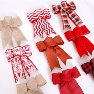 Handmade Christmas Bows For Wreath Tree Decorations Faux Linen Plaid Snowflake Reindeer Print Bow Ornament For Festive Decor