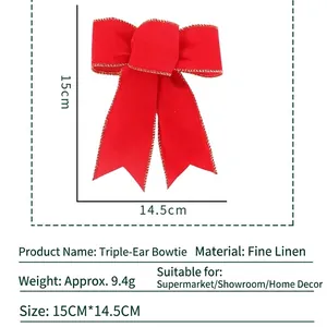 Handmade red linen Christmas wreath bow with triple-loop design for festive decoration