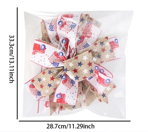 Detail showing dimensions of large patriotic bow with stars, stripes, and red truck design