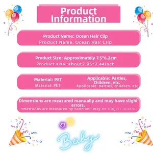 Detailed chart showing sea theme hair clip dimensions 7.5cm by 6.2cm for kids party