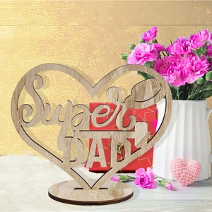 Detailed laser-cut heart-shaped wooden desktop plaque featuring Super DAD hollow text design