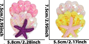 Détail de la taille des pinces à cheveux coquillage et étoile de mer à paillettes
