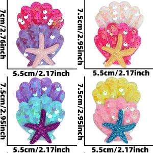 Detailed view of sequin shell and starfish clips with precise size measurements