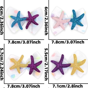 Detail view of starfish sequins and polka dot mesh bow hair clips with size measurements