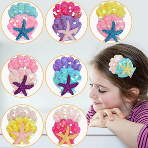 Cartoon Sequin Shell Starfish Hair Clips Ocean Theme Birthday Party Decorative Hairpins For Kids Girls Mesh Bow Glitter Duckbill Clips