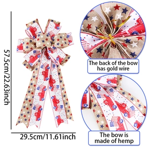 57.5cm Independence Day bow with vintage truck and US flag prints on rustic burlap fabric