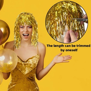 Golden fringe party tinsel wig for festivals featuring DIY customizable hair length