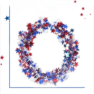 Detail of red white and blue star garland wreath for July 4th party decorations