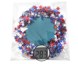 Macro shot of 28.3g Independence Day star garland in red, white and blue tinsel