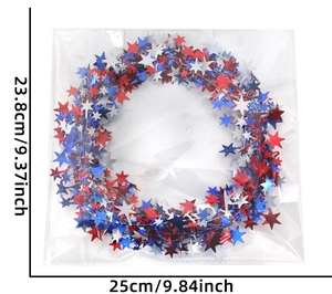 Detail of red white and blue star tinsel garland in packaging with dimensions