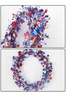 Close-up of red, white, and blue star tinsel garland for Independence Day decor