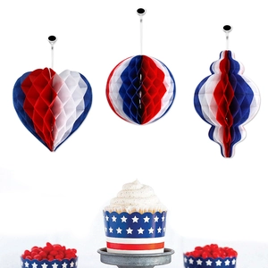 Patriotic Red White Blue Paper Honeycomb Decorations Star Heart Pendant Hanging Ornaments USA Independence Day Party Supplies