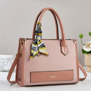 Retro minimalist pink patchwork tote bag with silk scarf charm and detachable strap