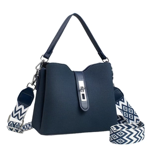 Sac seau en toile bleu-gris avec bandoulière tissée et fermoir rotatif argenté