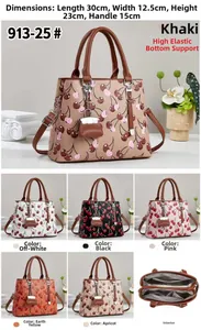Detailed size specifications and interior zip layout of the cherry print handbag set