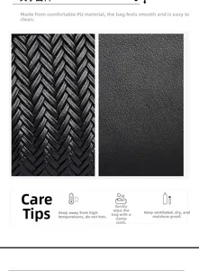 Détail du cuir PU noir avec motif à chevrons tissés et texture de grain de litchi fin