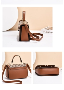 Detail view of plaid patterned flap bag featuring gold hardware and pearl clasp detail