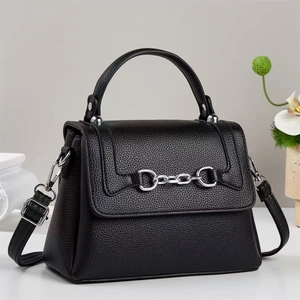 Women Fashion PU Leather Handbag With Silver Horsebit Decoration Crossbody Shoulder Bag Lychee Texture Square Top Handle Bag