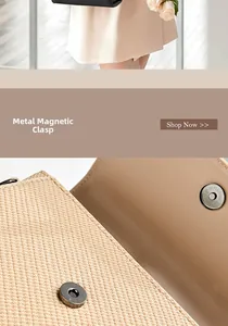 Detail of metal magnetic buckle and woven texture on beige faux leather handbag