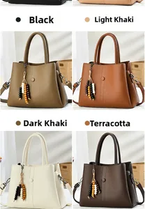 Close-up of premium pebbled leather handbags with wooden bead tassels in various colors