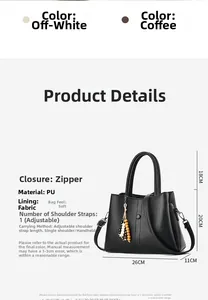 Detail of black litchi pattern PU leather handbag with beaded tassel and dimensions