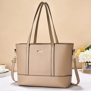 Large khaki tote bag in matte synthetic leather with gold metal detail and long strap