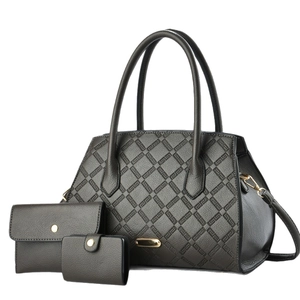 Three-piece dark grey textured leather handbag set with geometric embossed pattern