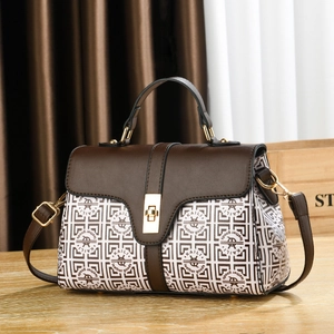 Women's Vintage PU Leather Handbag Monogram Print Satchel Bag Metal Rotary Lock Commuter Crossbody Bag Fashion Accessory