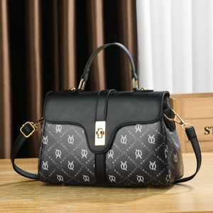Elegant black leather top-handle bag with grey pattern and detachable shoulder strap
