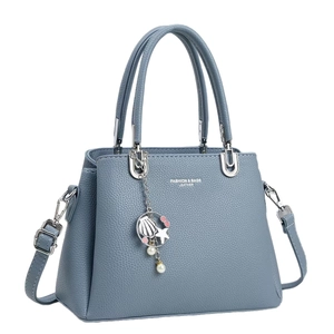 Morandi blue leather handbag with litchi grain and starfish pendant for women