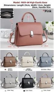Detailed chart showing pink textured leather bag dimensions 25x12x20cm and seven color options