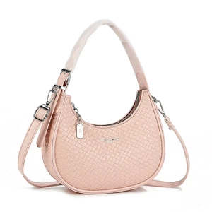 Pink woven crescent shoulder bag with detachable strap and top handle in a sleek finish