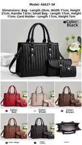 Three-piece woven handbag set with dimensions including tote, pouch and card holder