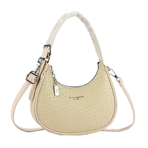 Fashion woven texture beige half-moon crossbody bag with adjustable strap and silver lock