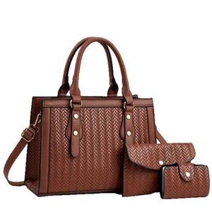 Three-piece set of woven brown tote, clutch, and wallet with adjustable shoulder strap