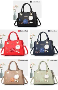 Detailed grid view of embroidered handbags for elderly women in five vibrant colors