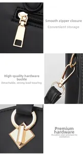 Detail of light gold zippers and detachable hardware on a black leather handbag