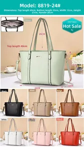 Detailed size specifications for a large capacity PU leather tote bag in seven colors