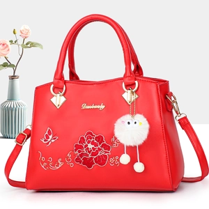 Elegant red faux leather handbag with peony embroidery and butterfly for senior women