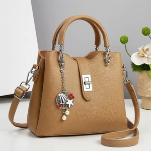 Women Litchi Grain PU Leather Handbag With Marine Charm Crossbody Bag Metal Twist Lock Versatile Elegant Tote
