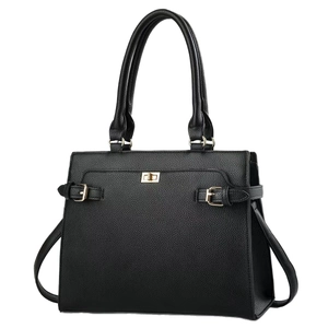Classic black leather tote bag with gold twist-lock and pebbled texture for office use