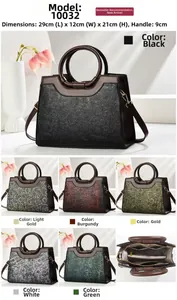 Detailed size guide for embossed leather handbag with dimensions 29x12x21cm and color options