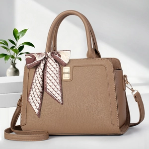 Women Fashion Lychee Pattern PU Leather Tote Bag With Satin Scarf Elegant Shoulder Crossbody Handbag Gold Lock For Commute